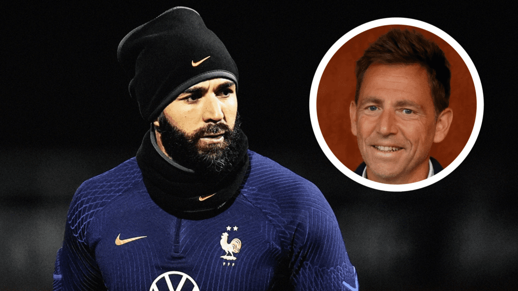 Kylian Mbappé en tenue de football avec Daniel Riolo en portrait.