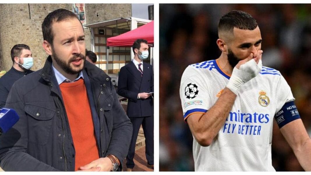 Coup de Tonnerre! Karim Benzema porte plainte contre ce militant pour cette raison. Karim Benzema en tenue de football, célébrant une victoire.
