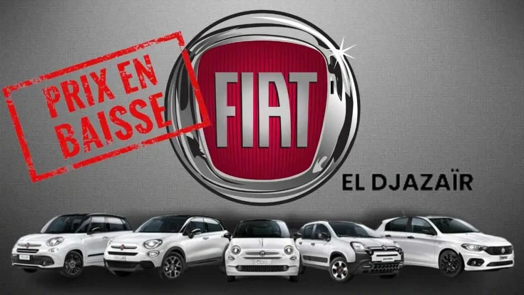 Fiat en Algérie : ces modèles connaissent une baisse des prix Logo Fiat avec voitures en arrière-plan, promotion en Algérie.