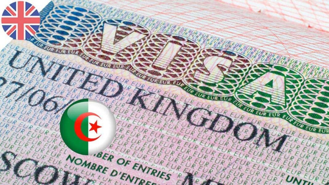 Nouvelle mesure concernant le visa britannique pour les Algériens Visa britannique avec drapeau algérien et symbole européen.