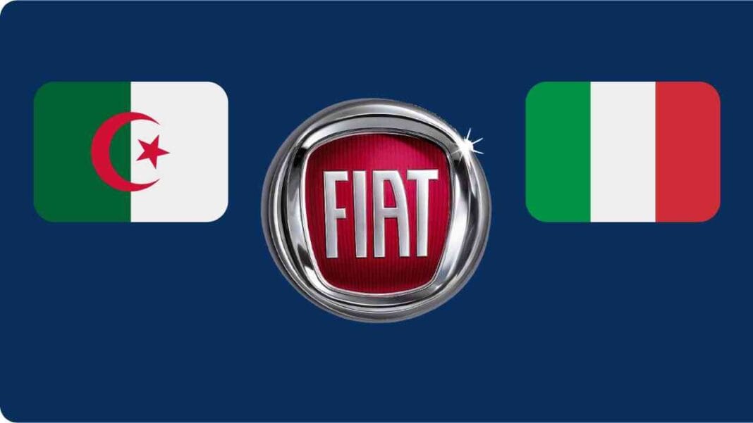 Logo Fiat entre drapeaux de l'Algérie et de l'Italie.