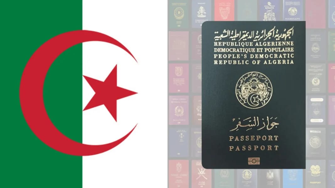 Passeport algérien avec drapeau national en arrière-plan.