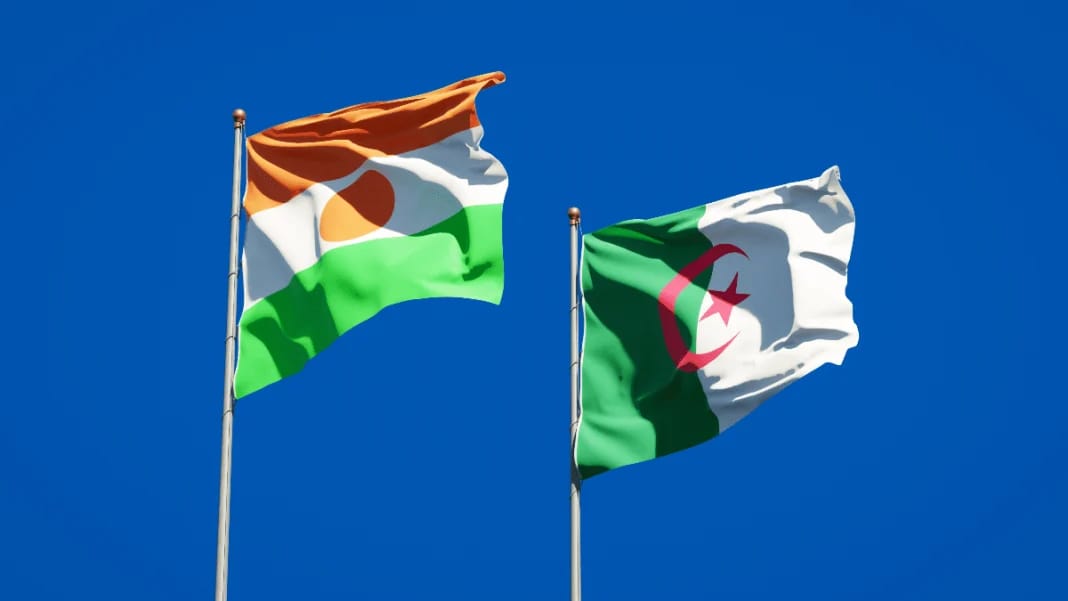 Importations /Niger: l’Algérie, sauveur providentiel Drapeaux du Niger et d'Algérie flottant dans le ciel bleu.