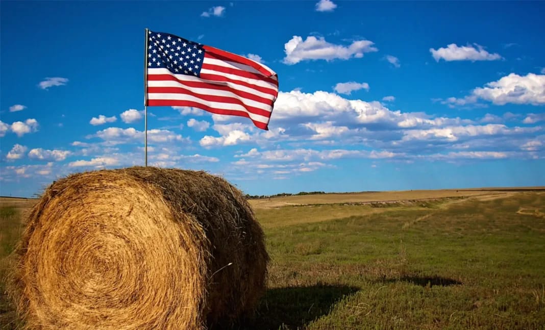 Drapeau américain dans un champ agricole Drapeau américain flottant dans un champ avec un ciel bleu et des nuages.