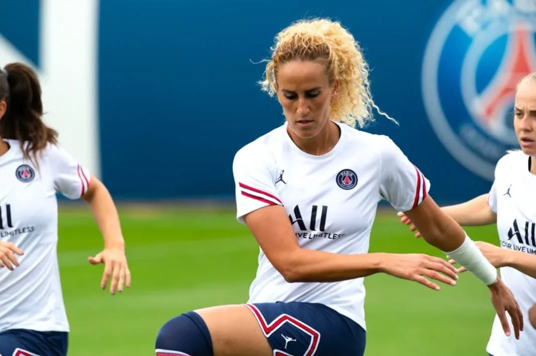Kheira Hamraoui en action lors d'un entraînement du PSG féminin.
