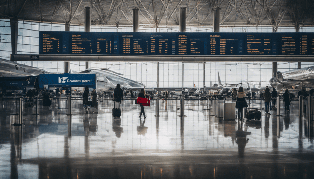 Voyageurs dans un aéroport français avec affichage de départs.