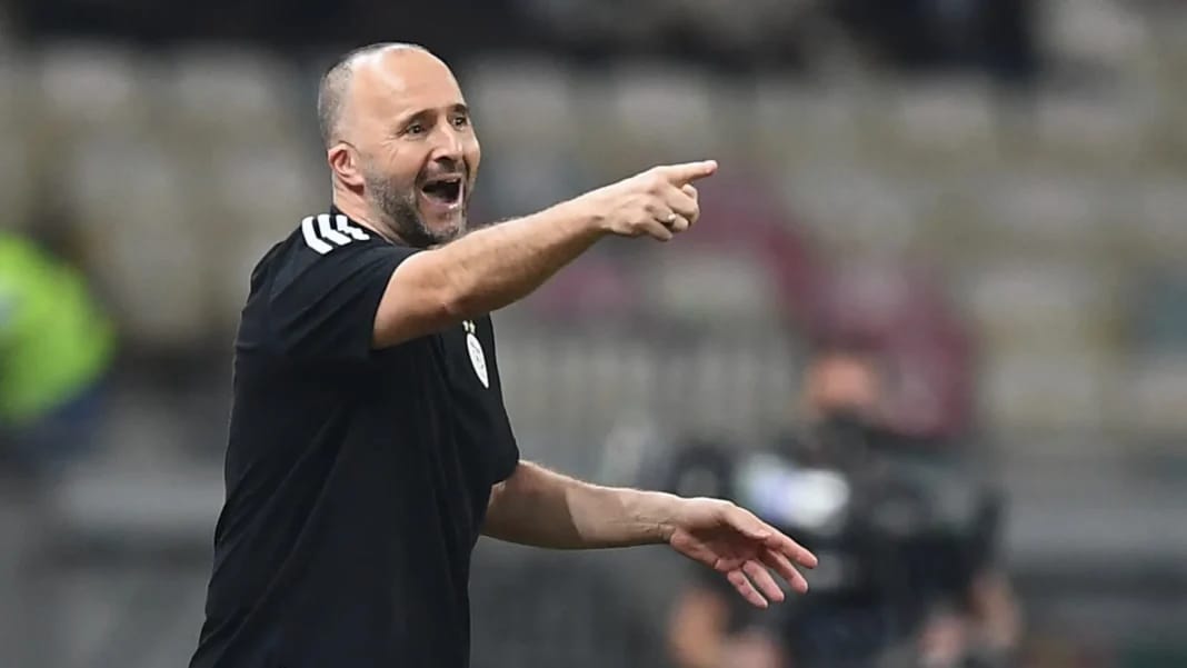 Djamel Belmadi en train de rire et de pointer lors du match.
