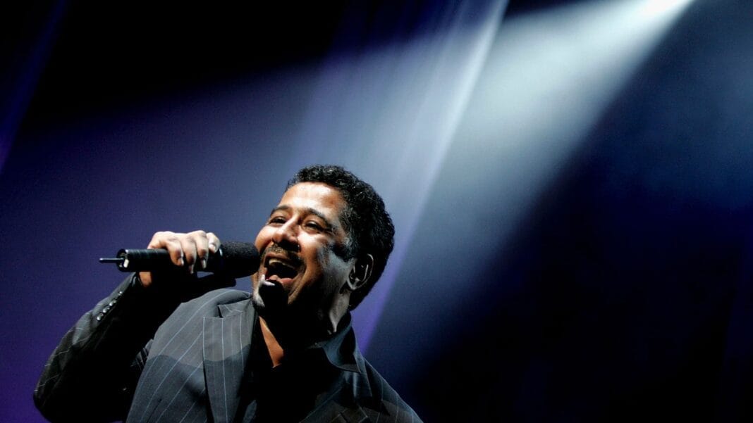 Chanteur en performance live avec micro sur scène.