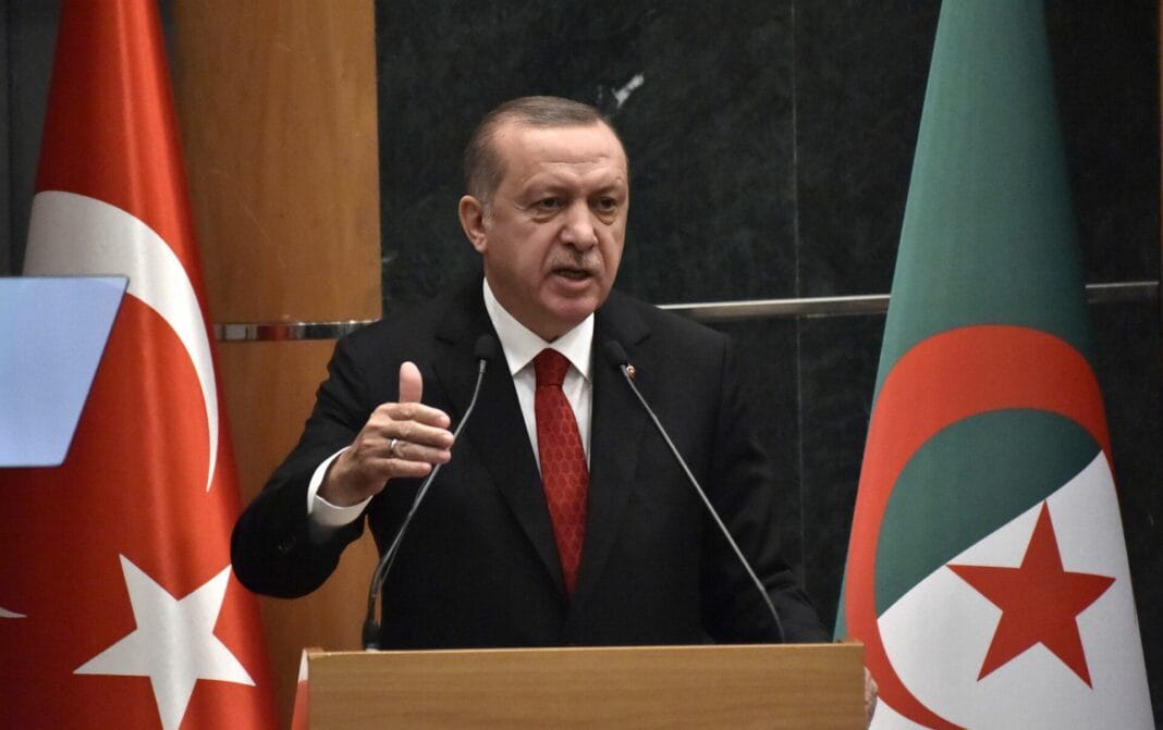 Palestine: Tebboune et Erdogan mettent en garde Israël Erdogan s'adressant lors d'une conférence avec drapeaux turc et algérien en arrière-plan.