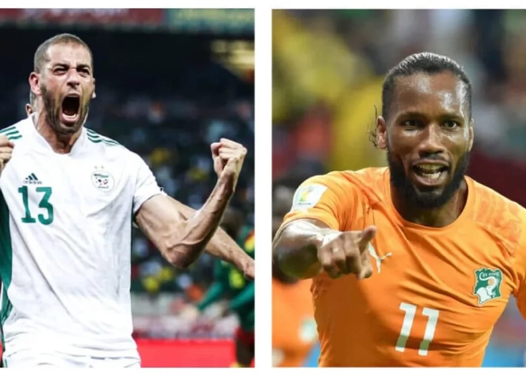 Nouveau record d’Islam Slimani : Que dire la FIFA ? Slimani et Drogba en action lors d'un match de football.