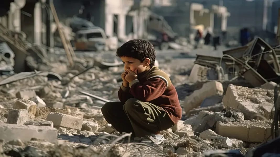 Palestine : Le nouveau bilan fait froid dans le dos, 11.208 morts et… Enfant palestinien assis parmi les débris, cherchant sa mère.