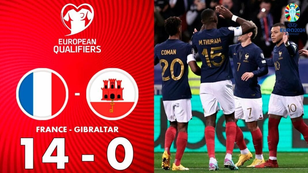 Exploit historique : L’équipe de France écrase Gibraltar 14-0 dans les éliminatoires de l’Euro 2024 Équipe de France de football célébrant leur victoire 14-0 contre Gibraltar.