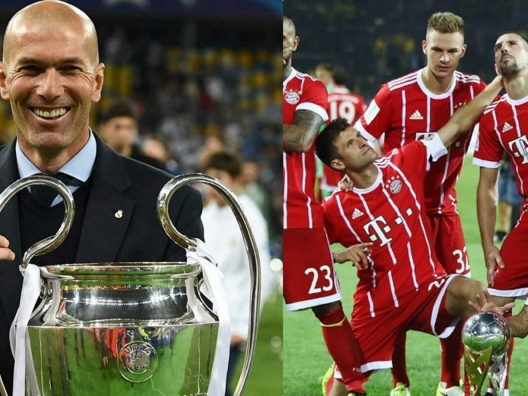Zinedine Zidane : Vers un possible atterrissage au Bayern Munich Zinedine Zidane et joueurs du Bayern Munich en célébration.
