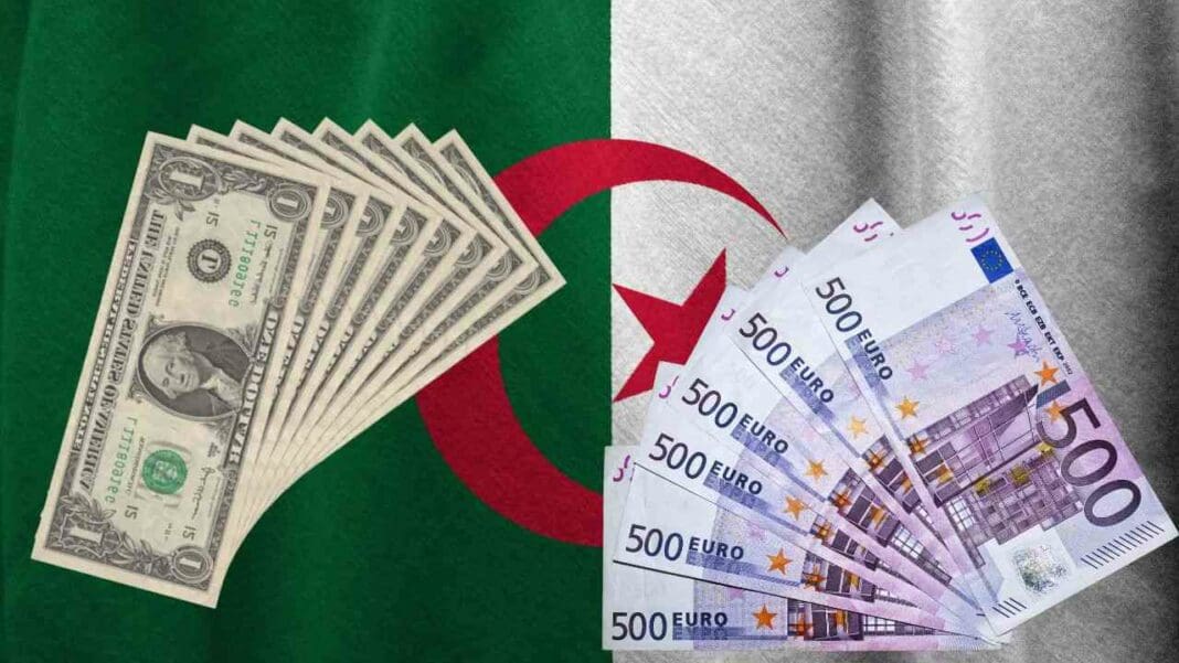 Taux de change euro dinar ce 22/03/24 : Découvrez la valeur actuelle de 50 € sur le marché noir Algérien Billets de 500 euros et dollars américains sur drapeau algérien.