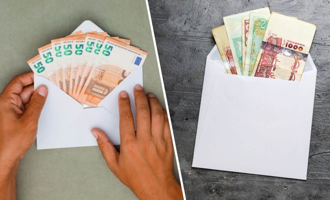 Taux de change Euro Dinar en Algérie : Marché officiel vs marché noir (28 mars 2024) Billets Euro et Dinar Algérien dans des enveloppes blanches.