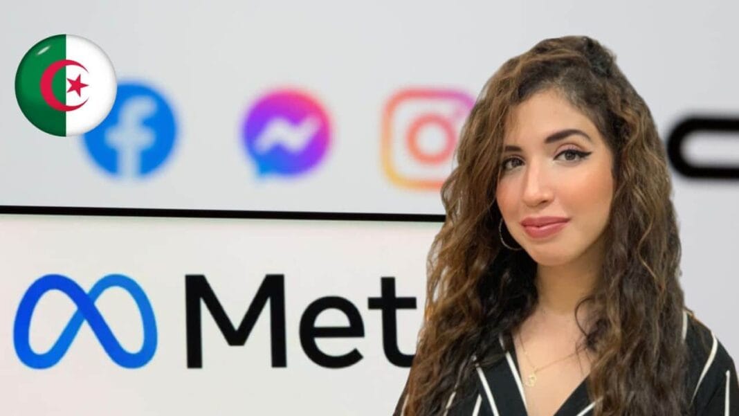 Algérie : Découvrez comment Selma Mouloudj a créé une entreprise en 15 minutes. Jeune femme avec cheveux bouclés devant logo Meta et réseaux sociaux.
