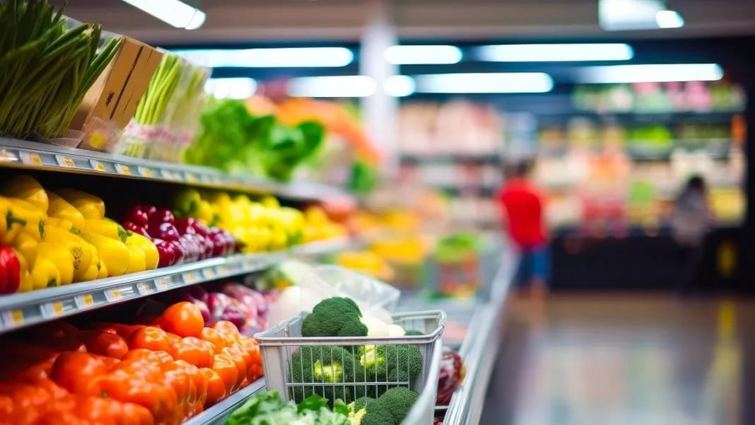 Rayons de fruits et légumes frais dans un supermarché algérien.