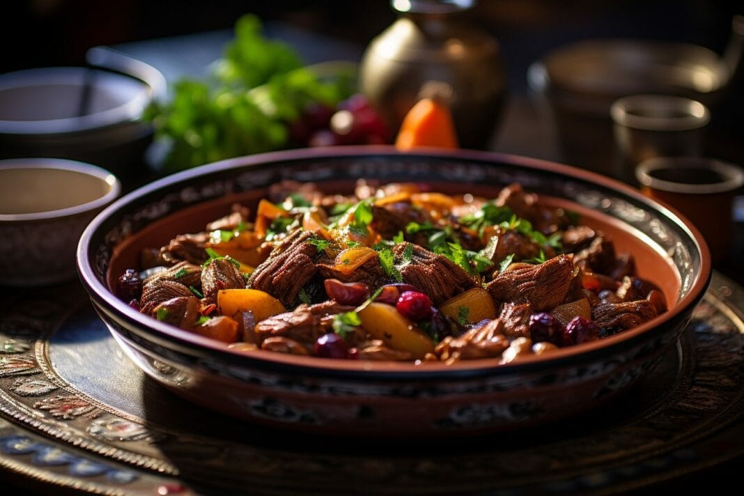 Tajine riche en viande, légumes et épices du Maghreb.