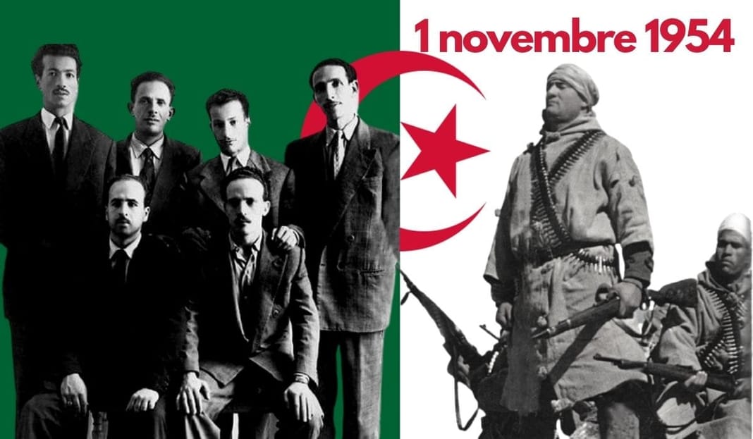 Célébration du 1er Novembre 1954 avec figures historiques algériennes.