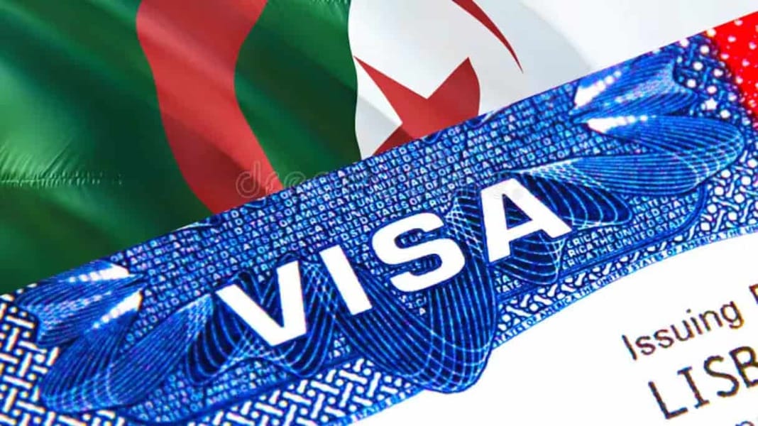 Visa H-1B : ce qui change pour les travailleurs étrangers Visa américain avec drapeau algérien en arrière-plan.