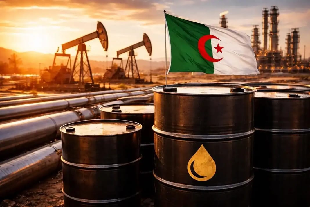Pétrole algérien : le million de barils par jour se rapproche Barils de pétrole avec drapeau algérien dans une zone pétrolière industrielle.