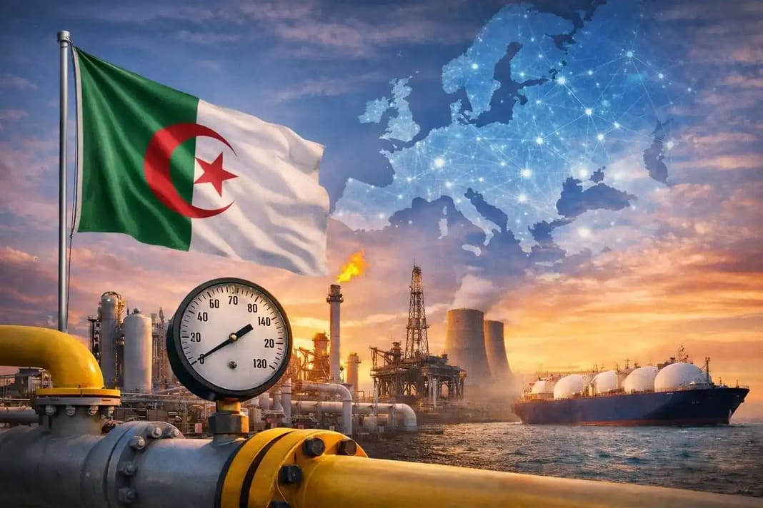 Drapeau algérien avec infrastructure gazière et carte du monde.