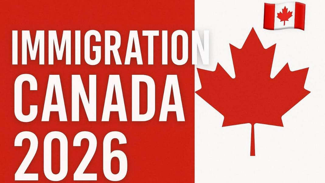 Logo d'immigration du Canada avec feuille d'érable et drapeau canadien.