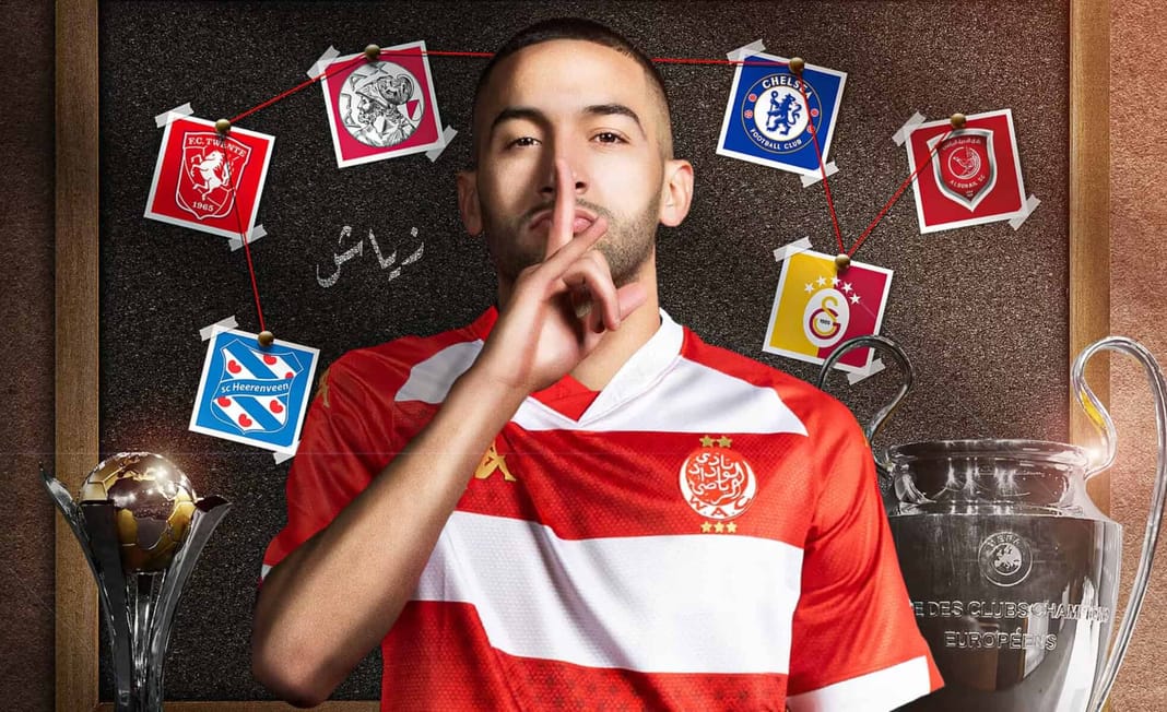 Hakim Ziyech répond de manière cinglante à un compatriote Hakim Ziyech en maillot de football avec des logos de clubs.
