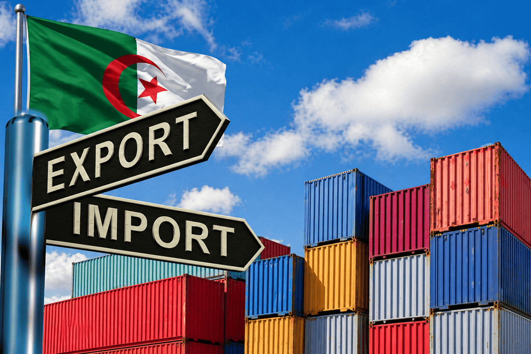 Algérie-France : la vraie raison de la chute du commerce Conteneurs de marchandises avec drapeau algérien et panneaux d'exportation/importation.