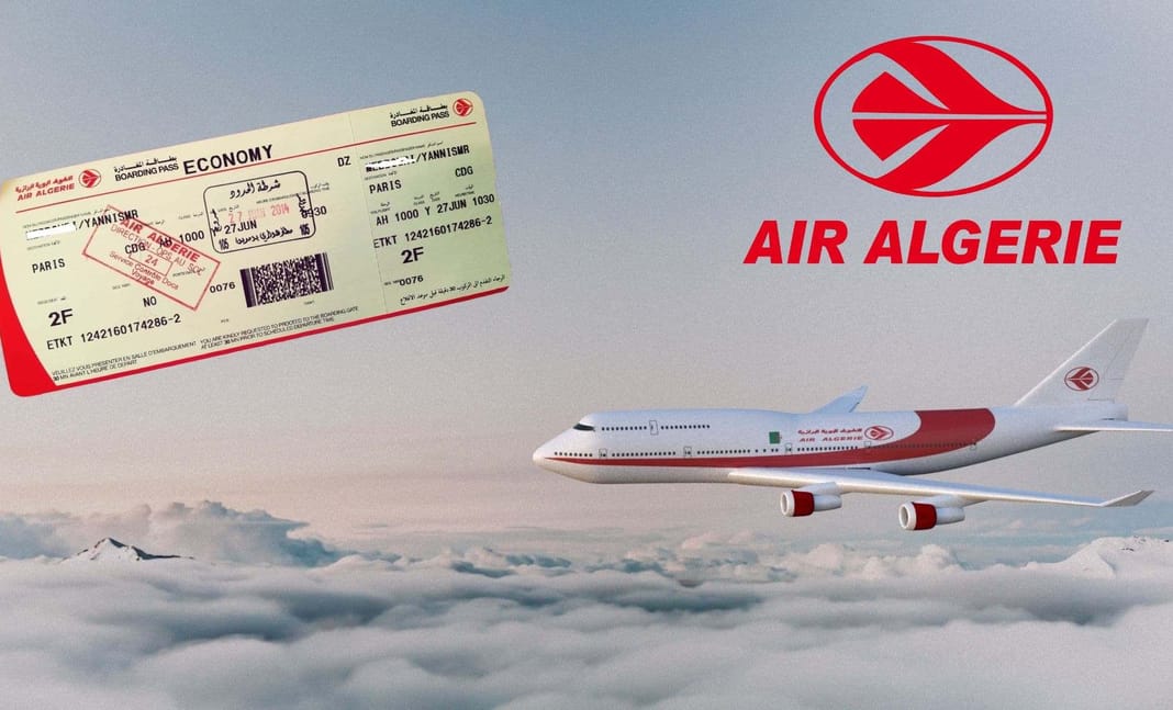 Air Algérie casse ses prix vers 6 destinations phares Billet d'avion Air Algérie et avion en vol dans le ciel.