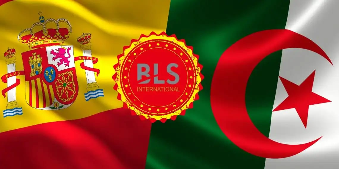 Drapeaux de l'Espagne et de l'Algérie avec logo BLS International.