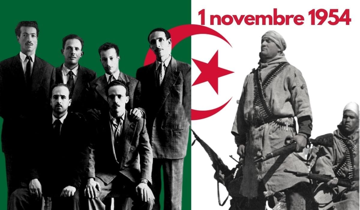 Célébration du 1er Novembre 1954 avec figures historiques algériennes.