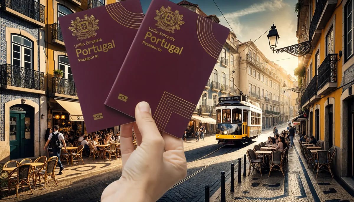 Passeports portugais avec tram à Lisbonne en arrière-plan.