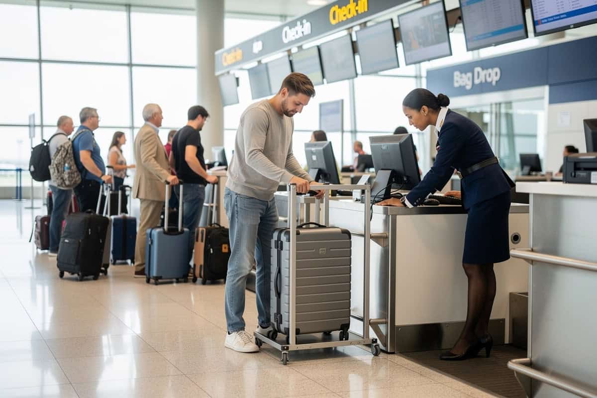 Passager en train d'enregistrer son bagage cabine à l'aéroport.