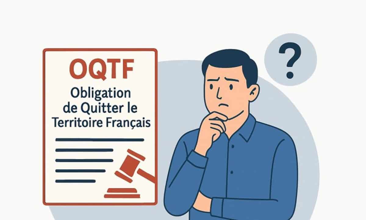 Homme pensif à côté d'une affiche sur l'OQTF en France.