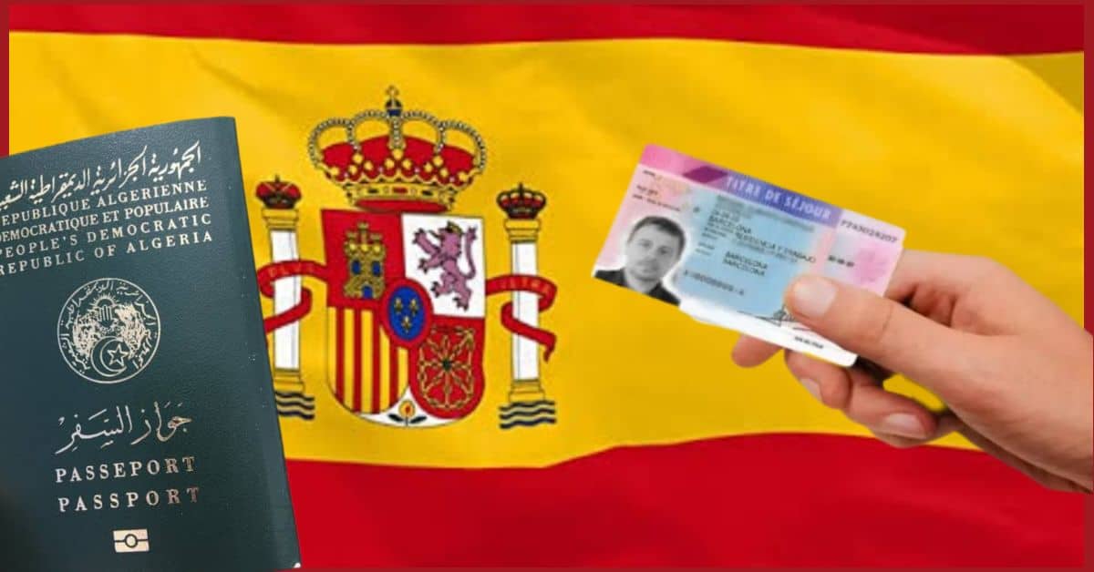 Main tenant un permis de séjour devant un drapeau espagnol et un passeport algérien.
