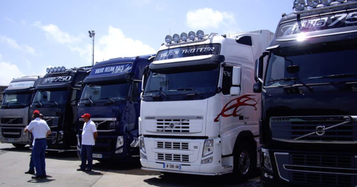 Groupe de camions Volvo alignés lors d'une exposition en Algérie.
