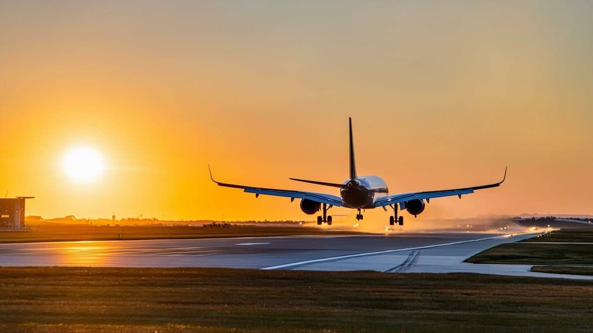 Avion en approche sur la piste au coucher du soleil.