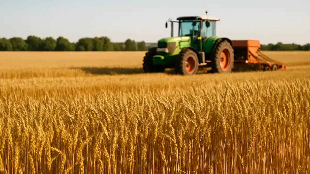 Tracteur vert récoltant du blé doré dans un champ ensoleillé.