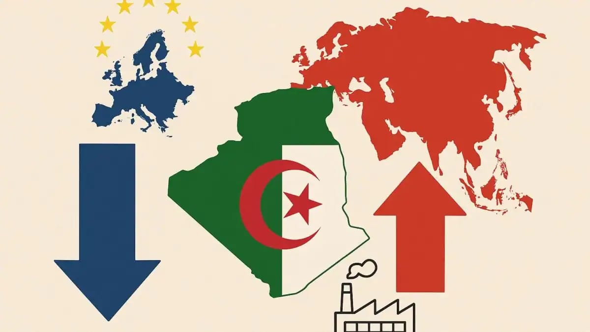 Algérie-UE : ce qui va vraiment changer au-delà du commerce Carte de l'Algérie avec flèches indiquant la croissance et la baisse.