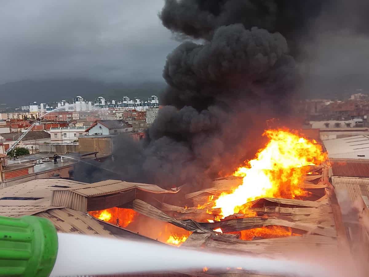 Incendie massif avec fumée noire et flammes à Blida.