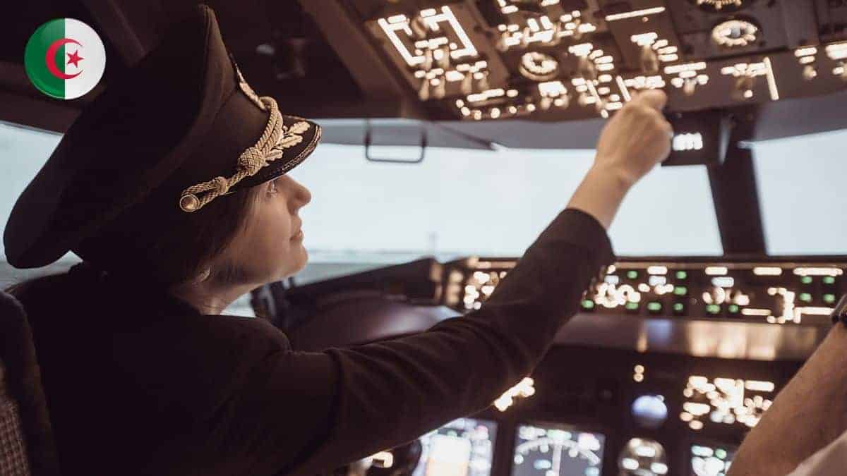 Femme pilote dans le cockpit d'un avion en Algérie.