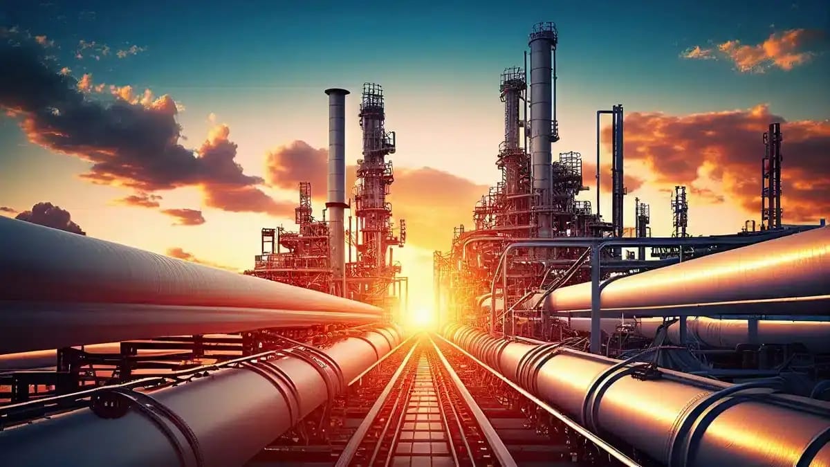 Usine pétrochimique avec pipelines au coucher du soleil.