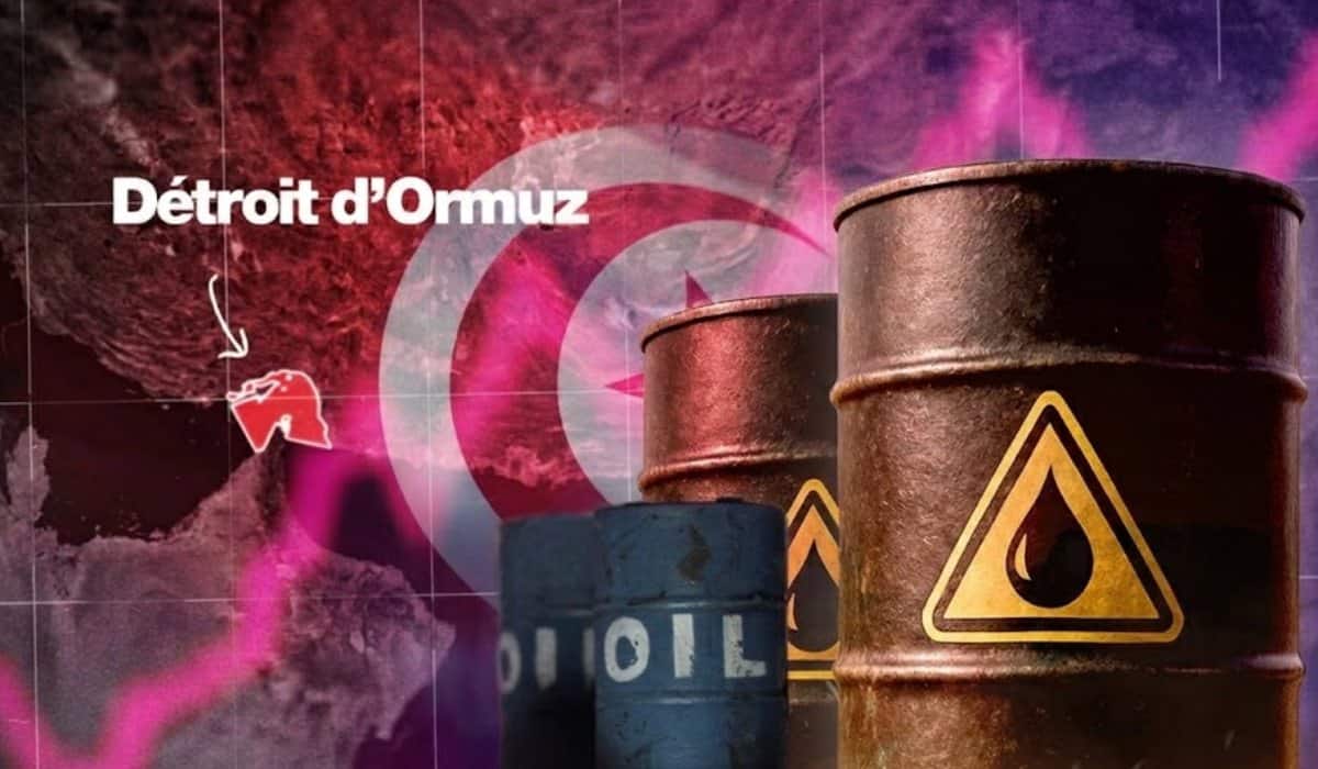Barils de pétrole avec symbole de danger, crise au Détroit d'Ormuz.