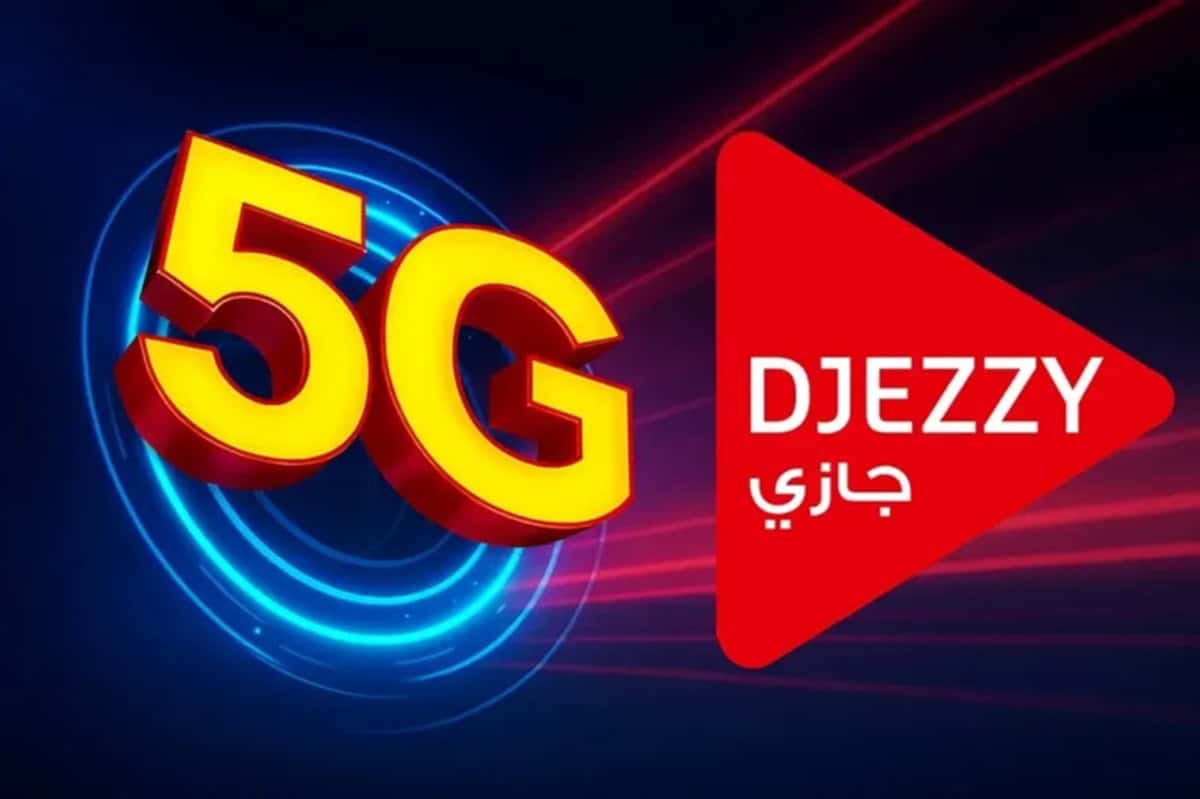 Logo 5G Djezzy avec symbole de vitesse et connectivité.