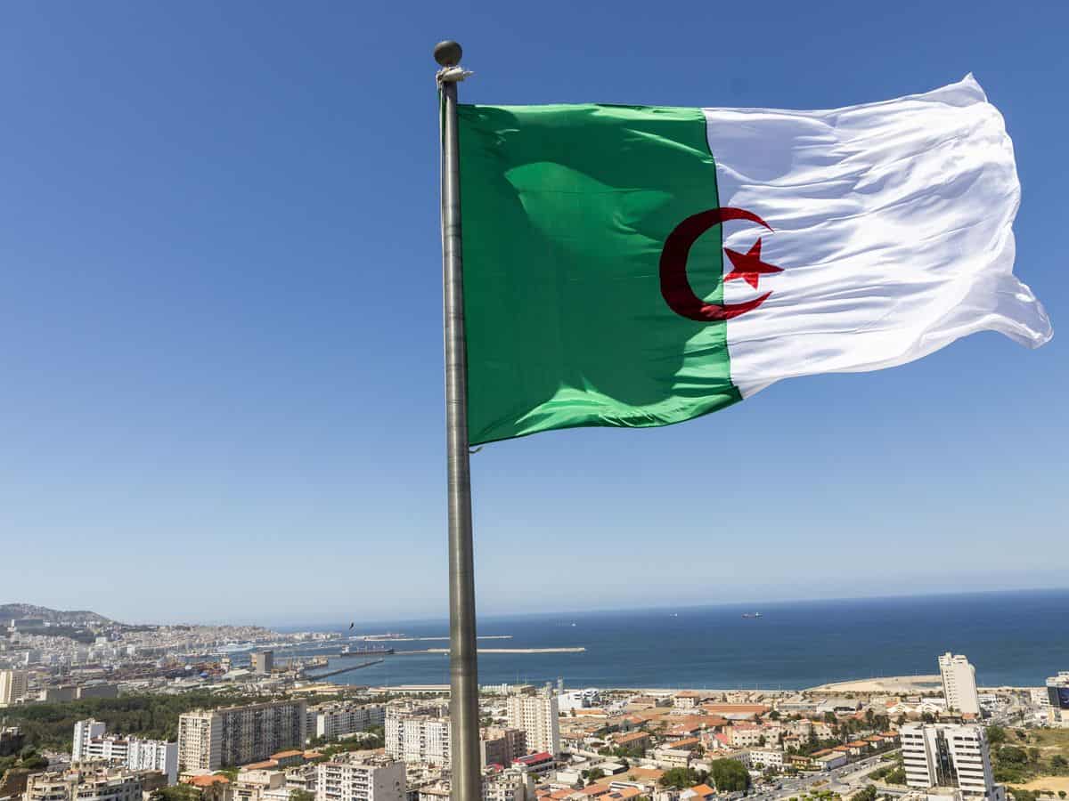 Drapeau algérien flottant dans le ciel avec vue sur la ville et la mer.