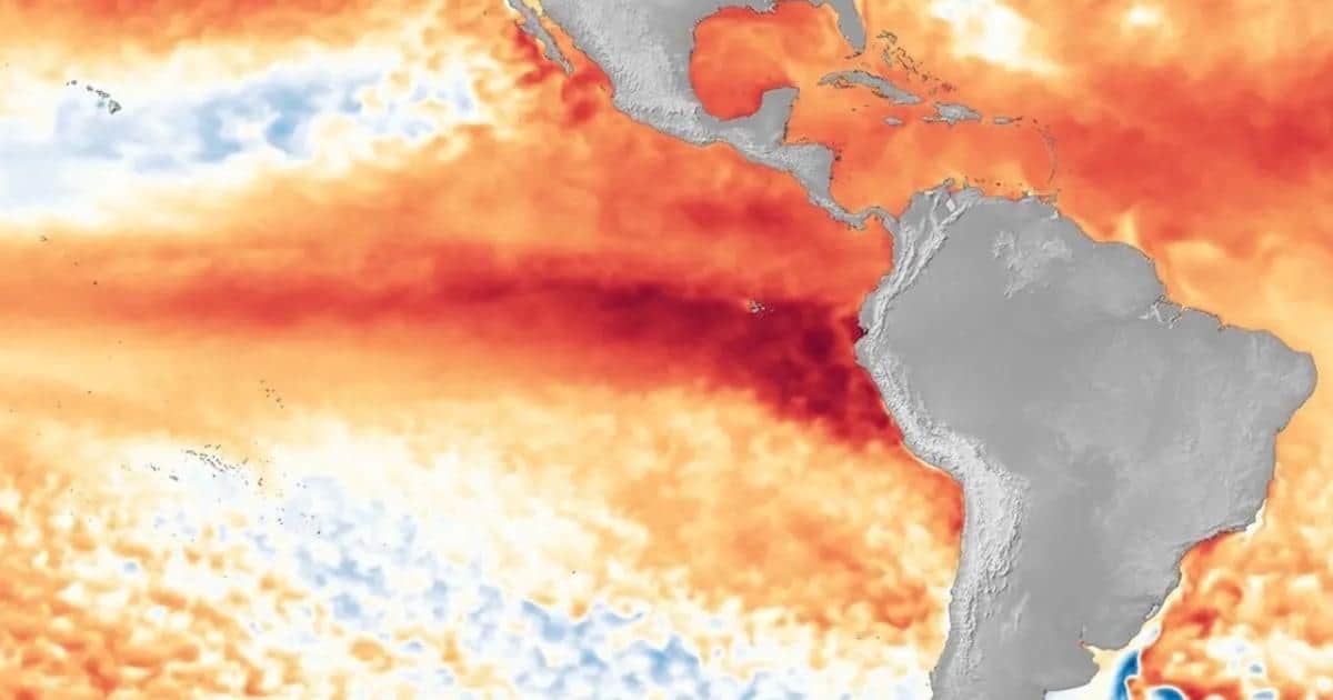 Carte montrant la chaleur océanique liée à El Niño 2026 en Amérique et en Afrique.
