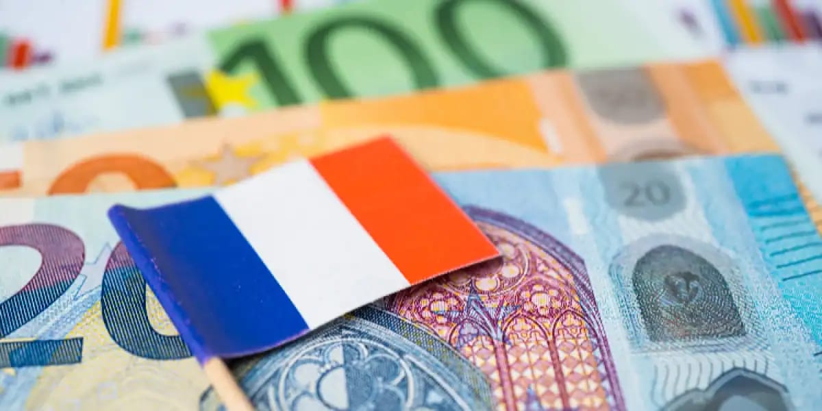 Billets de banque européens avec un petit drapeau français en premier plan.