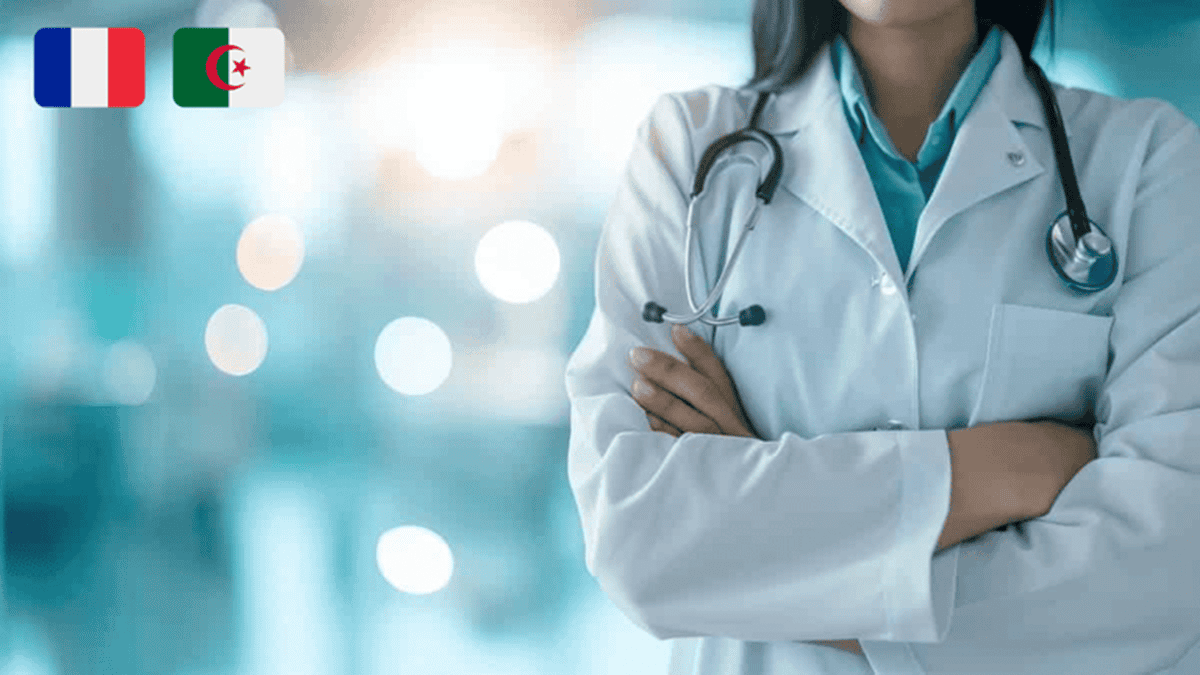 Médecin algérien en France avec stéthoscope, symbole de profession médicale.