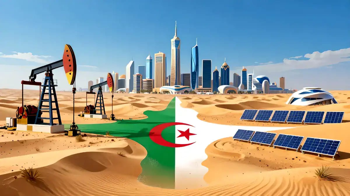 Paysage désertique avec symboles d'Algérie et énergie solaire.